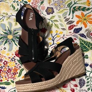 MIA Black and Tan Wedge Sandals
